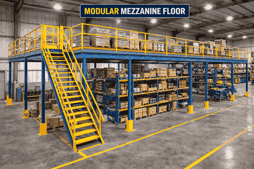 Modular mezzanine floor manufactured by RacksQ